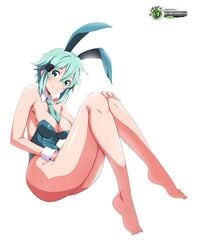 1girls airando asada_shino bare_legs barefoot breasts bunny_ears bunny_suit bunnysuit cleavage feet full_body legs leotard short_hair simple_background sinon smile solo sword_art_online thighs