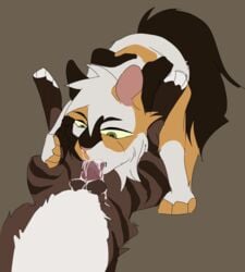 balls brown_fur calico_cat cum cum_in_mouth domestic_cat fellatio feral green_eyes hawkfrost_(warriors) incest tagme tawnypelt_(warriors) warriors_(cats) white_belly