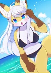 2021 4_fingers absurd_res ahoge anthro artist_request bikini blue_eyes breasts brown_body brown_fur canid canine chromatic_aberration cleavage clothed clothing cloud day dipstick_ears dipstick_tail female fingers fox fur gloves_(marking) hair hi_res inner_ear_fluff kemono kemoribbon long_hair looking_at_viewer mammal markings multicolored_body multicolored_ears multicolored_fur multicolored_tail navel open_mouth outside portrait sea sky solo swimwear tail_markings three-quarter_portrait tuft water white_body white_fur white_hair yellow_body yellow_fur