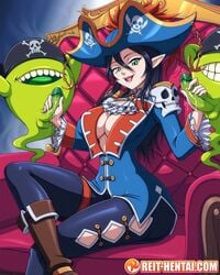 1girls 2boys background big_breasts black_hair cardfight!!_vanguard ghost green_eyes handjob looking_at_viewer nightrose pirate pirate_girl pirate_hat pointy_ears reit tight_clothing tongue_out vampire vampire_princess_of_night_fog