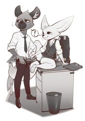 ! 2020 aggressive_retsuko anthro anthro_on_anthro bottomwear canid canine clothed clothing clothing_aside computer desk dress_shirt duo erection female fennec fenneko fox furniture genitals greyscale haida hi_res hyaenid imminent_sex interspecies junyois male mammal monochrome necktie on_desk open_bottomwear open_clothing open_pants panties panties_aside pants partially_clothed penis penis_grab poking_out public pussy sanrio shirt smooth_fur spotted_hyena standing straight topwear underwear underwear_aside upskirt