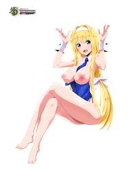 airando alice_schuberg bare_legs barefoot big_breasts blonde_hair blue_eyes breasts breasts_out breasts_out_of_clothes feet headband long_hair simple_background smile sword_art_online thighs