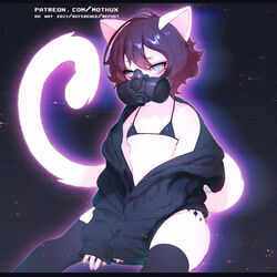 1girls anthro ass big_ass blush bra breasts cat_ears clothing cute cute_fang feline female fluffy fluffy_tail fur furry heart hoodie looking_at_viewer mammal mask mothux panties paws tail tongue white_fur