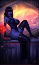 1girls aeryn alien alien_girl bangs bed blue_skin breasts chiss cleavage clothed dress elbow_gloves female female_only large_breasts leg_up lipstick looking_at_viewer morella nipples_visible_through_clothing purple_hair red_eyes red_sclera revealing_clothes skin_tight solo star_wars thighhighs transparent_clothing