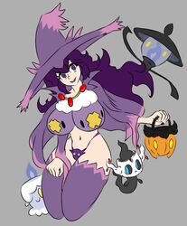 big_breasts cosplay drifloon_(cosplay) fusion_cosplay grey_background hex_maniac lampent litwick mismagius_(cosplay) phantump pokémon_(species) pokemon pokemon_(cosplay) pumpkin purple_eyes purple_hair sableye_(cosplay) self_upload shiny_pokemon solo_focus zeluppen