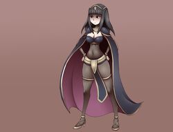 :< :( big_breasts black_eyes black_hair bodystocking cape cleavage fire_emblem fire_emblem_awakening fully_clothed hands_on_hips large_breasts metachoke nintendo pelvic_curtain simple_background solo solo_female tharja_(fire_emblem)