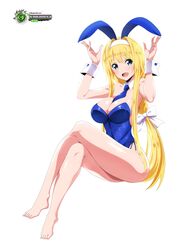 airando alice_schuberg bare_legs barefoot big_breasts blonde_hair blue_eyes bunny_ears bunny_suit bunnysuit feet headband long_hair simple_background smile sword_art_online thighs