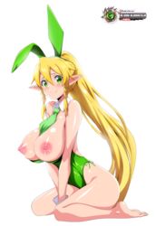 airando bare_legs barefoot big_breasts blonde_hair breasts bunny_ears bunnysuit huge_breasts large_breasts leafa legs long_hair nipples pointy_ears simple_background sitting smile sword_art_online