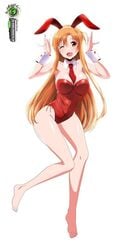 airando bare_legs barefoot bunny_ears bunnysuit legs long_hair simple_background smile sword_art_online yuuki_asuna