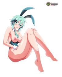 1girls airando asada_shino bare_legs barefoot blush breasts breasts_out bunny_ears bunny_suit bunnysuit feet full_body legs leotard nipples short_hair simple_background sinon solo sword_art_online thighs