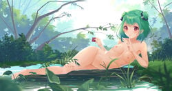 1girls absurdres arm_support backlighting bangs barefoot blush breasts condom day double_bun female finger_to_mouth grass green_hair hair_ornament highres hololive hololive_fantasy hololive_japan index_finger_raised light-skinned_female light_skin looking_at_viewer lying nature navel nipples nude on_side outdoors plant red_eyes shallow_water short_hair shushing skull_hair_ornament small_breasts smile solo stomach tree unopened_condom_wrapper uruha_rushia virtual_youtuber water zhongchun_ci