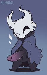 2020 adorable anthro arthropod balls barefoot big_balls big_penis bitebox64 black_balls black_body black_eyes blue_background blue_cloak blush bottomless cloak clothed clothing cute erection fan_character functionally_nude genitals glans gradient_background hollow_knight humanoid_genitalia humanoid_penis male male_only mischievous motion_lines no_pupils one_eye_closed penis purple_glans purple_penis simple_background solo sparkles standing team_cherry valike_(bitebox64) vessel_(species) white_body