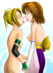 2girls blonde_hair breasts brown_hair cousins final_fantasy final_fantasy_x gloves holding_hands incest multiple_girls nipples open_mouth rikku saliva saliva_trail tongue_out yuna yuri