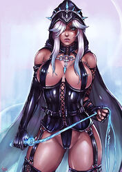 1girls ashe_(league_of_legends) blue_eyes breasts cameltoe cleavage cloak elbow_gloves female_only fingerless_gloves garter_straps hair_over_one_eye hood kachima latex_gloves latex_thighhighs league_of_legends looking_at_viewer nipple_piercing piercing purple_corset purple_elbow_gloves purple_garter_straps purple_latex_gloves single_female solo standing whip white_hair