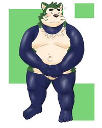 2020 4:5 anthro balls belly blush canid canine canis censored closed_eyes domestic_dog fur genitals green_body green_fur hi_res kemono live-a-hero male male_only mammal mokdai_(live_a_hero) navel overweight overweight_anthro overweight_male solo video_games yaki_atsuage