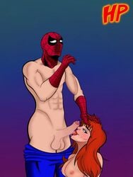 1boy 1girls artist_logo big_breasts blue_eyes breasts cleavage faceless_male female ginger green_eyes hotpocketart huge_breasts large_breasts licking_penis light-skinned_female light-skinned_male light_skin male marvel marvel_comics mary_jane_watson mask masked oral outercourse penis peter_parker red_hair spider-man spider-man:_the_animated_series spider-man_(series) straight straight_hair thick_lips voluptuous