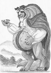 2011 anthro balls beast_(disney) beauty_and_the_beast belly big_belly bottomless cape chip_(beauty_and_the_beast) claws clothed clothing cup digitigrade disney duo erect_nipples fangs fetal_movement fur genitals grass greyscale half-erect hand_on_stomach hi_res holding_object horn large_balls large_penis leovictor male male_pregnancy mammal monochrome monster mountain mpreg nipples outside penis pregnant pregnant_male smile stomach_bulge traditional_media_(artwork) unborn_kicking