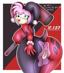 1girls amy_rose clitoris clothes cosplay costume exposed_pussy halloween hammer harley_quinn_(cosplay) mallet pussy renegade-157 sonic_(series) sonic_the_hedgehog_(series) vagina