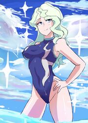 1girls bare_arms bare_legs bare_shoulders blue_eyes breasts clothed clothed_female colored_background deanialsart diana_cavendish eyebrows_visible_through_hair fanart female female_focus female_only fully_clothed hand_on_hip little_witch_academia long_hair medium_breasts multicolored_hair multicolored_swimsuit multicolored_swimwear nipples_visible_through_clothing no_text_version one-piece_swimsuit open_eyes pale-skinned_female pale_skin sky smile smiling solo solo_female sparkles sparkling swimsuit textless twitter water