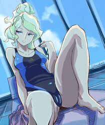 1girls 2019 bare_arms bare_legs bare_shoulders barefoot blonde_eyebrows blonde_hair blue_eyes blue_swimsuit breasts cameltoe clothed clothed_female cloud clouds collarbone color colored colored_background day deanialsart diana_cavendish eyes fanart female female_focus female_only fully_clothed hair light_hair little_witch_academia looking_to_the_side messy_hair mouth multicolored_hair multicolored_swimsuit multicolored_swimwear one-piece_swimsuit one_leg_raised one_leg_up only_female pale pale-skinned_female pale_skin pink_lips pixiv ponytail sitting sky small_breasts solo solo_female solo_focus swimsuit swimwear thick_thighs tile_floor tiles twitter visible_pussy watermark window