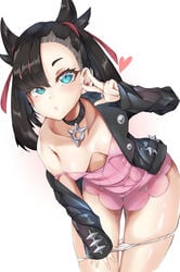 1girls black_hair blue_eyes blush breasts choker dress eye_contact female hair_ribbon looking_at_viewer marnie_(pokemon) nintendo panties panties_down pinqiong pokemon pokemon_ss solo twintails