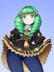 1girls bangs blade_ride blush dress dress_lift female fire_emblem fire_emblem:_three_houses flayn_(fire_emblem) green_eyes green_hair leggings lifted_by_self long_hair looking_at_viewer looking_down nintendo pantyhose skirt_lift smile solo solo_female thighs upskirt