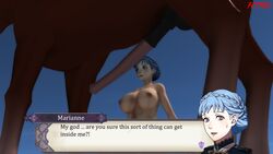 1boy 1girls 3d blue_hair breasts dialogue dorte_the_horse english_text female fire_emblem fire_emblem:_three_houses hirutr18 horse horsecock htr18 male marianne_von_edmund nintendo penis text zoophilia