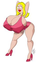 alternate_breast_size american_dad bending_over big_breasts breasts_bigger_than_head cleavage francine_smith hands_behind_head hyper_breasts maxtlat nipple_bulge no_bra pink_clothing pink_dress posing seductive_eyes seductive_look simple_background sitcom smiling thick_thighs white_background