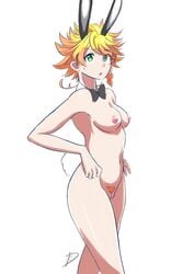 1girls 2019 bare_arms bare_breasts bare_legs bare_shoulders belly_button bow_tie breasts bunny_ears bunny_tail deanialsart emma_(the_promised_neverland) fanart female female_only green_eyes navel nude pale-skinned_female pale_skin pixiv pubic_hair short_hair textless the_promised_neverland watermark white_background