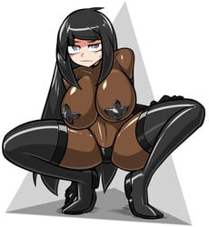 absurd_res absurdres backsu black_clothing black_hair black_thighhighs boots covered_nipples long_hair looking_at_viewer nervous nervous_sweat original panties pasties rega_(backsu) simple_background solo_female solo_focus squatting sweat thigh_boots twitter twitter_username white_background