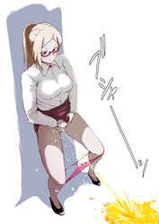 1girls akiyama_kaede blonde_hair blush clothed clothing collared_shirt color female female_only glasses golden_piss kengan_(series) kengan_ashura lifting_skirt long_hair looking_down office_lady panties panties_down peeing pink_panties power_pissing red_skirt simple_background skirt skirt_lift solo tied_hair urine yellow_piss