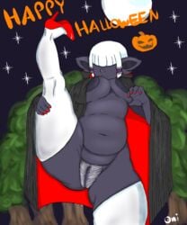 bbw big_breasts cape chubby cloak dark-skinned_female dark_skin exposed_breasts exposed_pussy halloween halloween_costume high_heels oni_draws original_character pubic_hair shortstack splits spread_legs thighhighs vampire vertical_splits white_hair