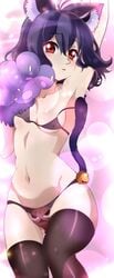 animal_ears armpits bell black_clover black_hair blush bra breasts cat_ears cat_paws cat_tail catgirl female hand_up legwear looking_at_viewer nexus_avelon nipple_bulge nipples nipples_visible_through_clothing panties petite pink_background presenting red_eyes secre_swallowtail short_hair small_breasts small_waist stockings thick_thighs visible_nipples wide_hips