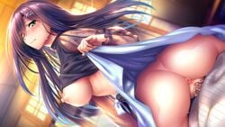 1boy amakano_2 anus ass blurry blurry_background breasts censored cowgirl_position dutch_angle female game_cg green_eyes hair_ornament hairclip highres himiyama_rei indoors large_breasts long_hair long_sleeves looking_back mosaic_censoring nipples official_art penis piromizu purple_hair pussy pussy_juice reverse_cowgirl_position sex sheer_clothes shirt_lift skirt skirt_lift solo_focus straddling straight vaginal_penetration