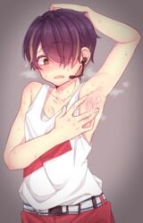 1boy after_sex armpits censored cum cum_on_armpit ensemble_stars! femboy girly hair_over_one_eye hyknr male male_only sengoku_shinobu solo trap