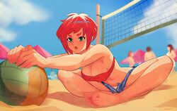 ball bangs bare_shoulders barefoot beach_volleyball bent_over breasts cleavage commission day denim denim_shorts down_blouse feet female female_focus green_eyes lusa medium_breasts open_fly original original_character panties pantyshot red_hair sand short_hair short_shorts shorts sitting sitting_indian_style soft_focus solo_focus squeezable strapless stretch swept_bangs thick_eyebrows toenails toes tubetop underwear volleyball volleyball_net white_panties