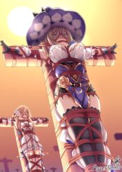 2girls aster-effect bondage cross crucifix crucifixion dress female female_only femsub genshin_impact large_breasts lisa_(genshin_impact) lumine_(genshin_impact) multiple_subs permanent_bondage permanent_chastity restrained shibari thighhighs witch_hat