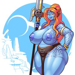 1girls alien alien_girl amazon background big_breasts blazbaros blue_skin bracelet breasts_bigger_than_head city cleavage curvy female female_only fiery_hair hair_ornament halberd huge_breasts large_areolae long_hair matron milf moon mother navel nipples no_nose no_panties nude nude_female nudity orange_hair pelvic_curtain plump puffy_areola red_eyes red_hair revealing_clothes sash seductive seductive_smile skimpy_clothes smiling smiling_at_viewer smug solo solo_female tattoo tau thick_thighs thighs tribal venus_body voluptuous warhammer_(franchise) warhammer_40k weapon wide_hips