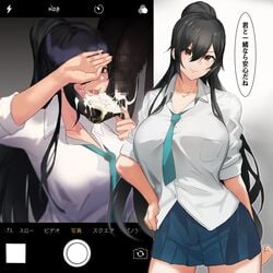 1boy 1girls bangs big_penis black_hair blush breasts brown_eyes cellphone_picture collarbone collared_shirt cum dark-skinned_male dark_skin dress_shirt facial female green_neckwear green_skirt hair_between_eyes hetero high_ponytail highres idolmaster idolmaster_shiny_colors interracial japanese_text juxtaposition large_breasts long_hair looking_at_viewer loose_necktie mask mouth_mask necktie penis photo_comparison pleated_skirt ponytail sakanaaj1 shirase_sakuya shirt skirt smile speech_bubble text tongue tongue_out translated white_shirt