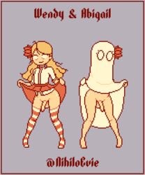 2futas abigail_carter balls bare_legs bare_thighs blank_eyes blonde blonde_hair clothed clothing don't_starve don't_starve_together duo english english_text eyes eyes_open flashing flower flower_in_hair full_body futa_only futanari ghost hair hard_pixels human klei_entertainment knees_together_feet_apart long_hair nihiloevie no_panties open_eyes penis pixel pixel_art presenting pupilless_eyes simple_background simple_eyes sisters skirt skirt_lift skirt_up smile smiling standing stockings testicles text thighhighs twins twintails wendy_carter white_eyes yellow_hair young