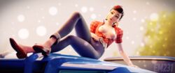 1girls 21:9 3d blender breasts car d.va effectsmaster231 exposed_breasts female_only outside overwatch pinup ultrawide wallpaper