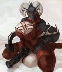 1futa animated black_scales canine_penis dragon equine_penis furry futanari horns huge_breasts huge_cock hybrid_penis lingerie looking_at_viewer oouna red_clothing scar shy solo_futa thong white_belly