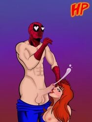 1boy 1girls artist_logo big_breasts blue_eyes breasts cleavage faceless_male female ginger green_eyes hotpocketart large_breasts licking_penis light-skinned_female light-skinned_male light_skin male marvel marvel_comics mary_jane_watson mask masked oral outercourse penis peter_parker red_hair spider-man spider-man:_the_animated_series spider-man_(series) straight straight_hair thick_lips voluptuous