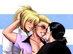 3boys black_hair blonde_hair blush closed_eyes clothed fei_wangfang ferndyne kengan_(series) kengan_omega liu_dongcheng long_hair nicolas_le_banner nipple ponytail smile sunglasses yaoi