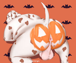 animal_genitalia anthro anus ass backsack balls big_butt brown_spots canid canine canis dalmatian domestic_dog genitals halloween holidays huge_butt jacob_(treebarkdragon) looking_at_viewer male mammal obese obese_anthro obese_male overweight overweight_anthro overweight_male presenting presenting_anus presenting_hindquarters pumpkin_butt raised_tail sheath solo spots superchub thick_thighs treebarkdragon