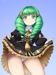 1girls bangs bare_legs bare_thighs blade_ride blush dress dress_lift fire_emblem fire_emblem:_three_houses flayn_(fire_emblem) green_eyes green_hair lifted_by_self long_hair looking_at_viewer looking_down nintendo panties skirt_lift smile solo solo_female thighs upskirt white_panties