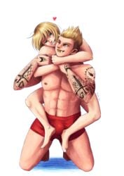 2boys abs adam_dudley androgynous arms_around_neck blonde_hair bulge ferndyne grappling grappling_hold heart imai_cosmo kengan_(series) kengan_ashura male muscular muscular_male pecs short_hair smile squatting tattoo tattooed_arm tattoos topless twink wrestling yaoi