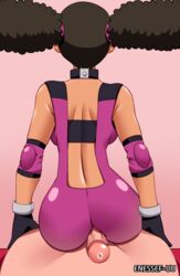 1boy1girl 1girls ass assjob brown_hair buttjob dark-skinned_female elbow_pads elbowpads enessef-uu english_text exposed_back interracial kidd_summers light-skinned_male penis pokemon pokemon:_lucario_and_the_mystery_of_mew pokemon_(movie) pokemon_rse precum shiny_clothes sitting_on_penis sitting_on_person skintight skintight_suit text watermark