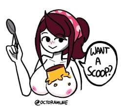 breasts brown_hair cooking_mama cosplay dialogue food_on_breasts jaiden jaiden_animations jaidenanimations mango_pudding mob_face octoramune pudding pudding_on_breasts spoon youtube youtuber