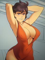 black_hair breasts brellom dress female grin jane_(snow_daze) red red_dress snow_daze teasing video_games